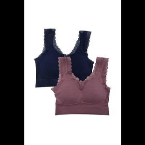 Rhonda Shear 2-pack Ribbed Knit Lace-Trim Leisure Bra Mauve/Navy -